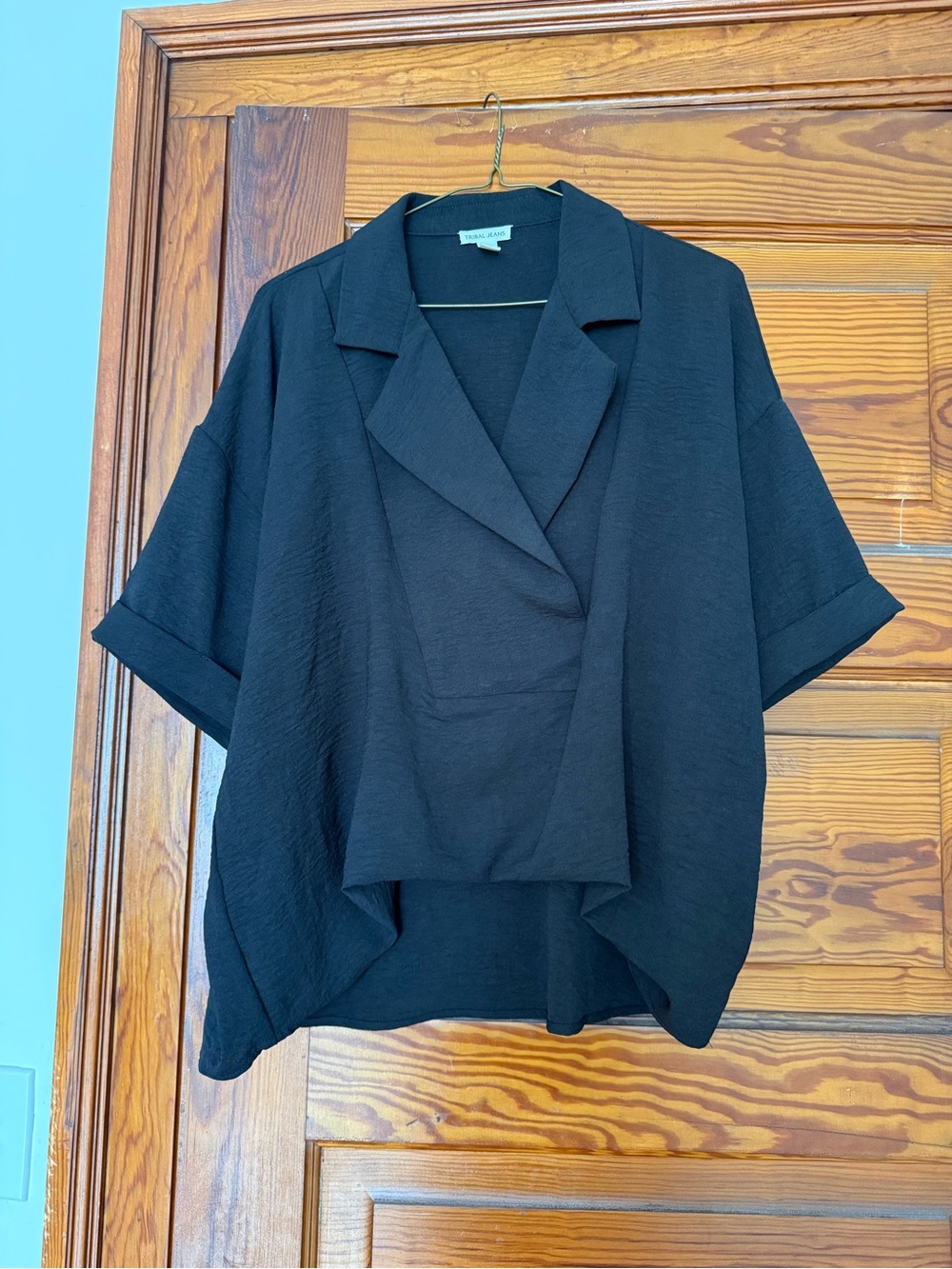 Tribal Black Draped Short-Sleeve Blouse